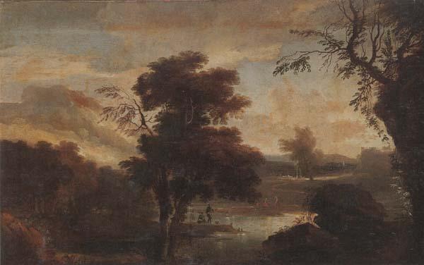 unknow artist A Wooded landscape with figures bathing and resting on the bank of a river Sweden oil painting art